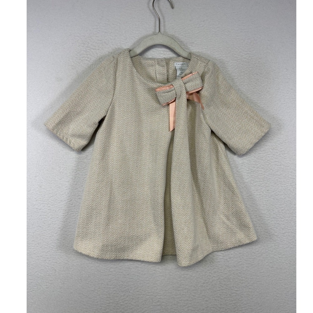 Holiday Party Tahari Girls 4T Cream Gold Herringbone Metallic Bow A-Line Dress